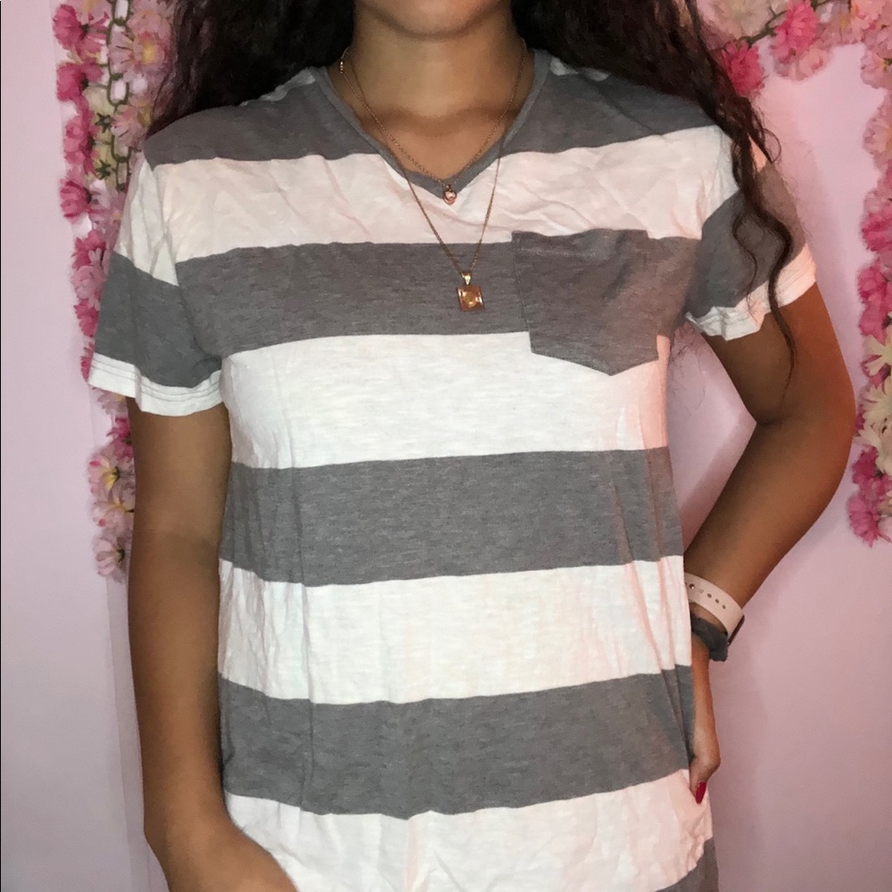 Medium Carbon Grey&White Strips V Neck Shirt